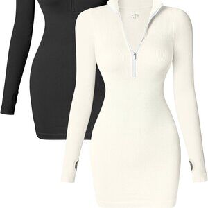 *OQQ* Ribbed Zip Front Long Sleeve Stretch Mini Dresses NWOT